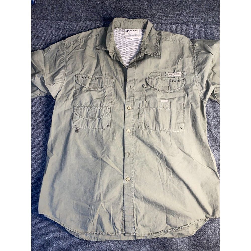 Columbia Shirt Mens Large Green Mesh Lined PFG Performance Fishing Gear Collared